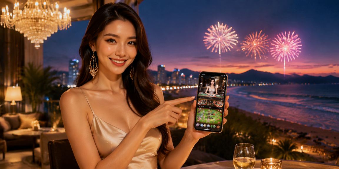 Người dùng tại bãi biển Đà Nẵng chơi casino trên điện thoại di động buổi tối