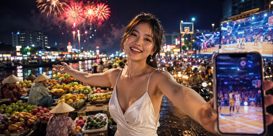 Không khí cá cược bóng rổ sôi động với ánh đèn neon tại vùng Mekong về đêm